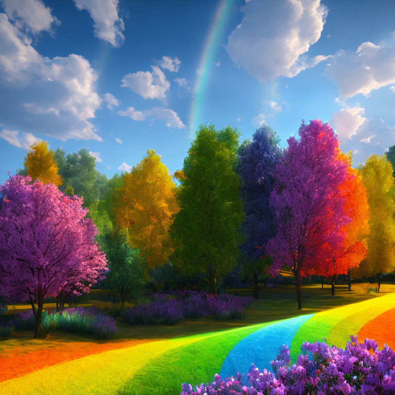 Colorful Park with Rainbow, Vibrant Trees, Blue Sky, and Sun Rays