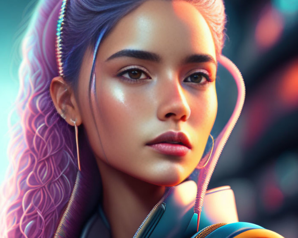 Young woman with purple hair in futuristic digital portrait