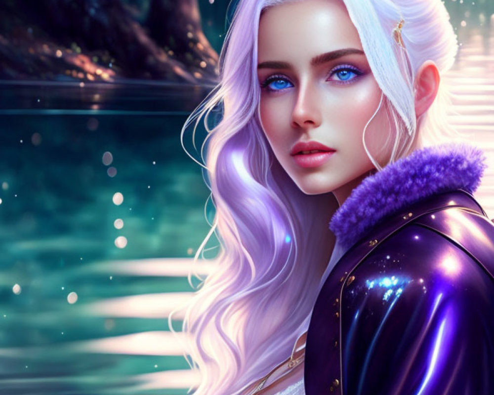 Digital artwork: Woman with blue eyes, white hair, purple jacket emerges from forest waters