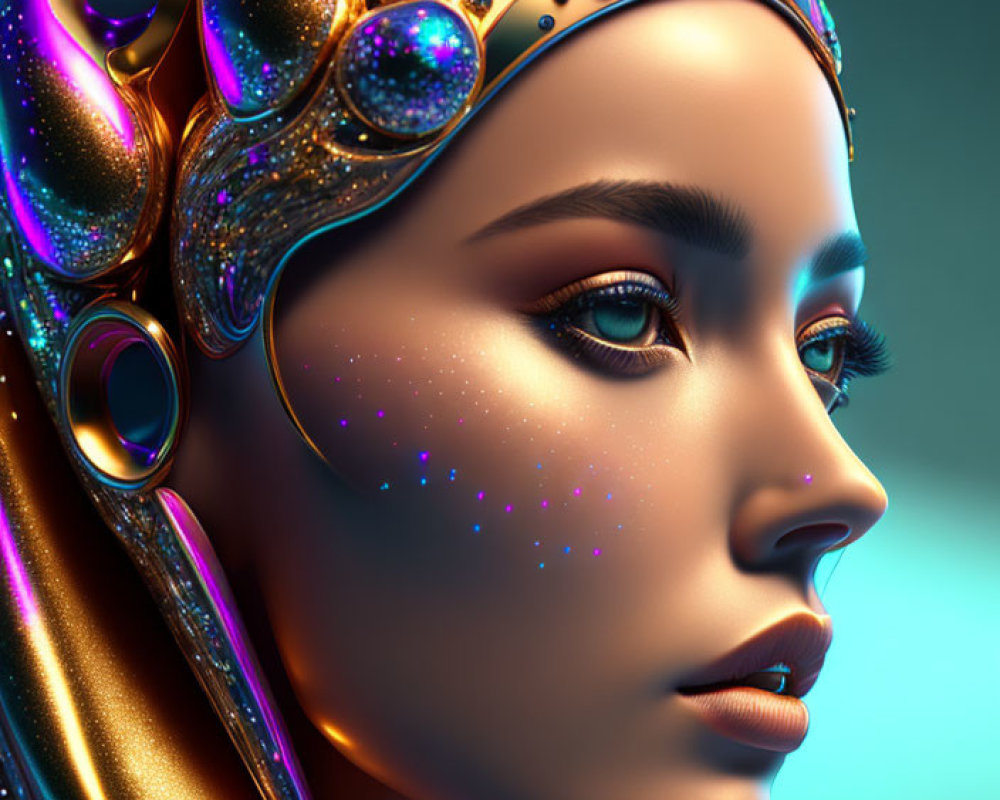 Futuristic digital artwork of a woman with golden headgear and shimmering gems