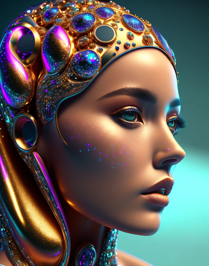 Futuristic digital artwork of a woman with golden headgear and shimmering gems