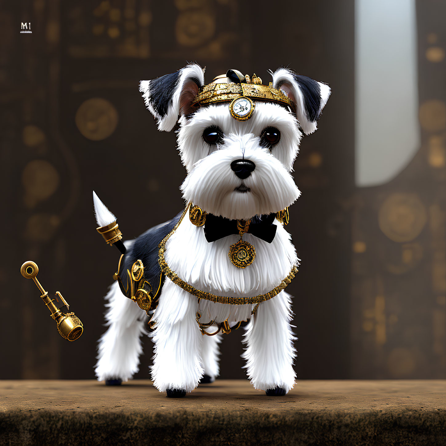 Regal animated dog in steampunk attire with goggles and key