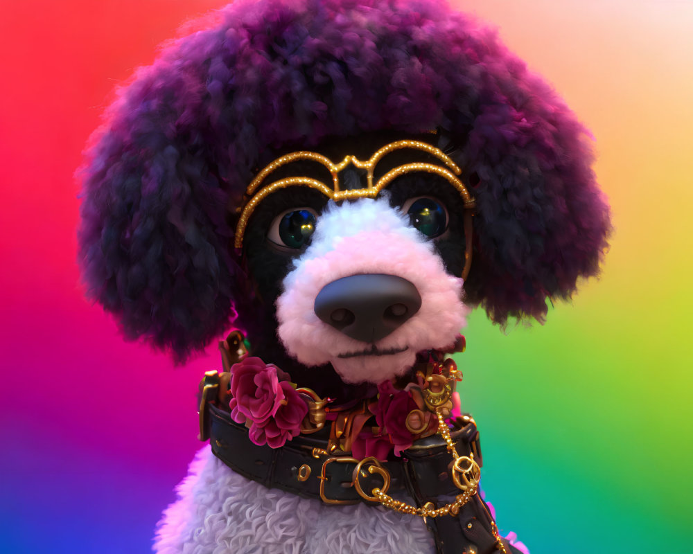 Poodle with Purple Ears, Golden Glasses, and Floral Collar on Rainbow Background