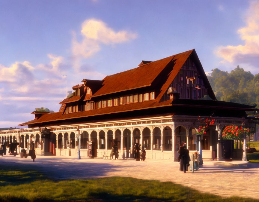 Old-fashioned train station with ornate architecture at sunset