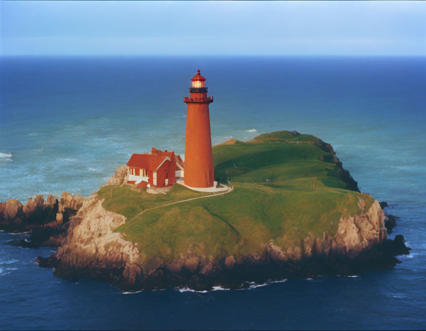 Red-roofed lighthouse on verdant island in blue ocean under clear sky