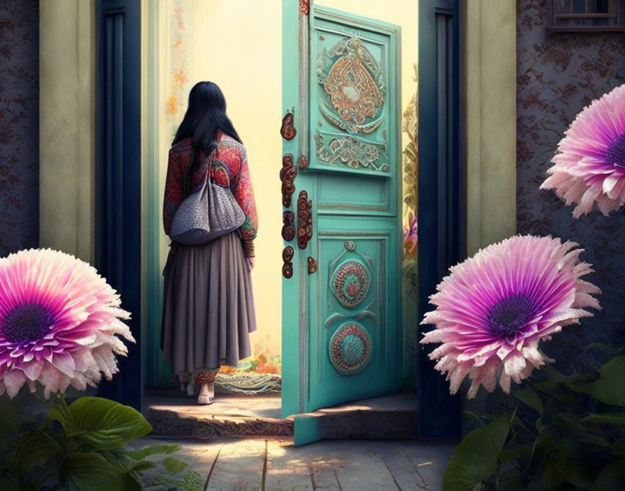 Surreal scene: Woman by turquoise door with pink flowers