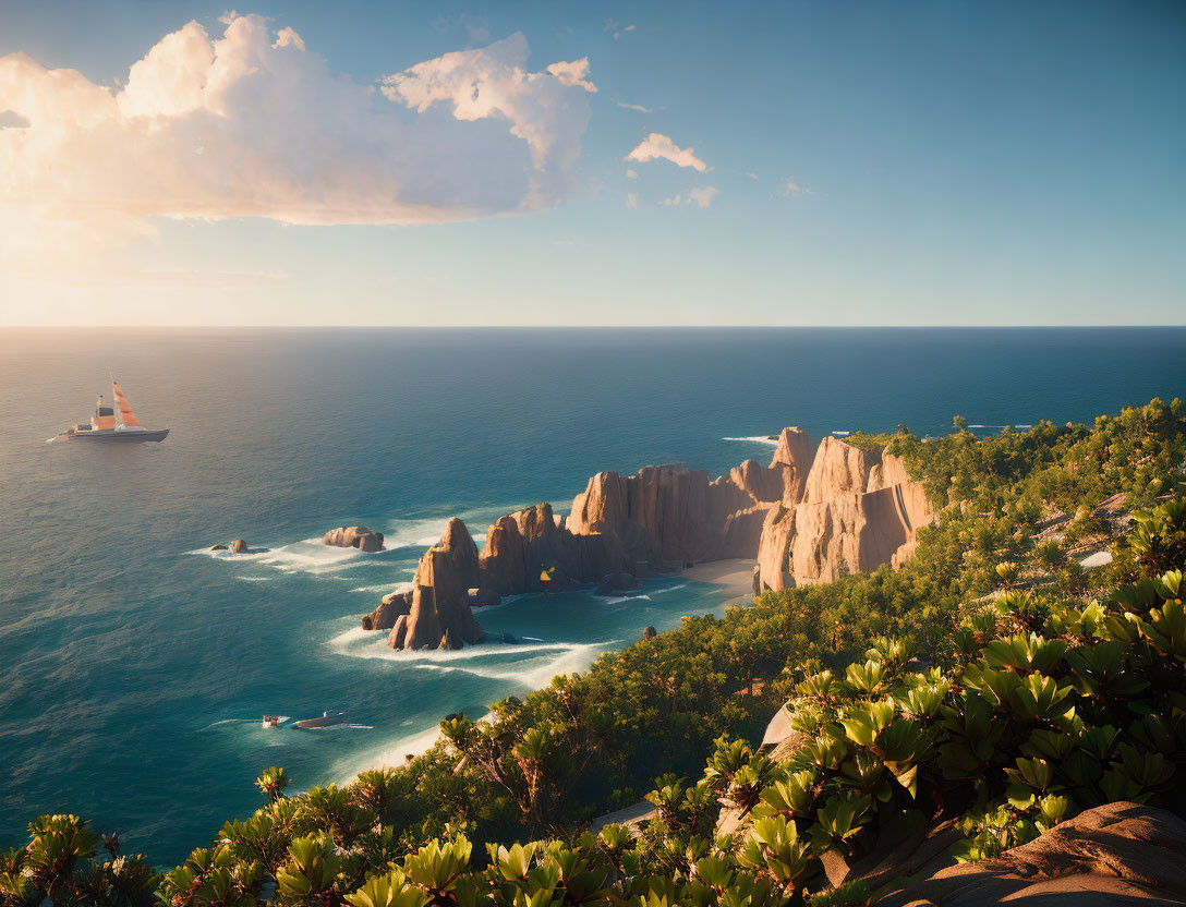 Scenic coastal landscape with rugged cliffs, sandy beach, boat, and azure sea