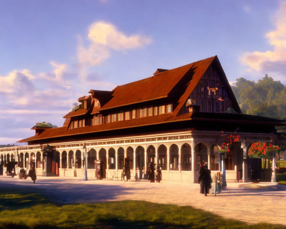 Old-fashioned train station with ornate architecture at sunset