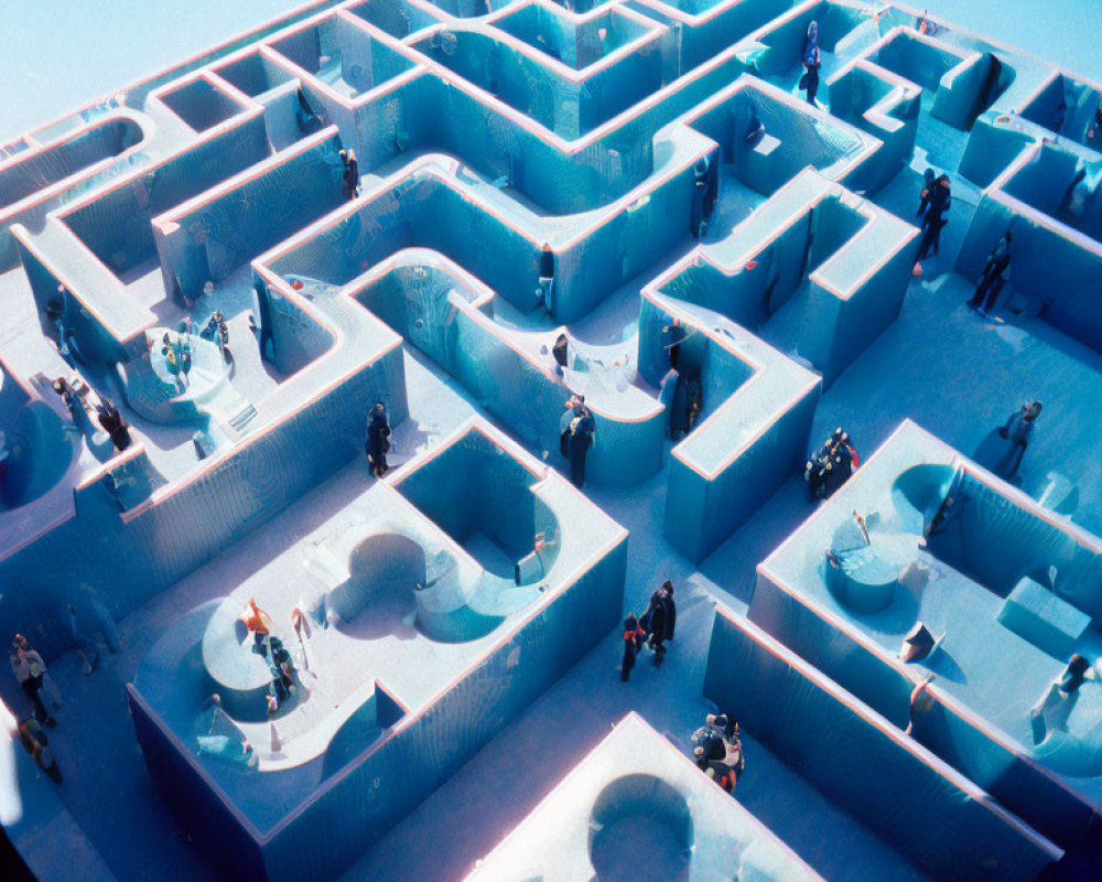 Detailed Outdoor Maze with High Walls and People Exploring on Sunny Day