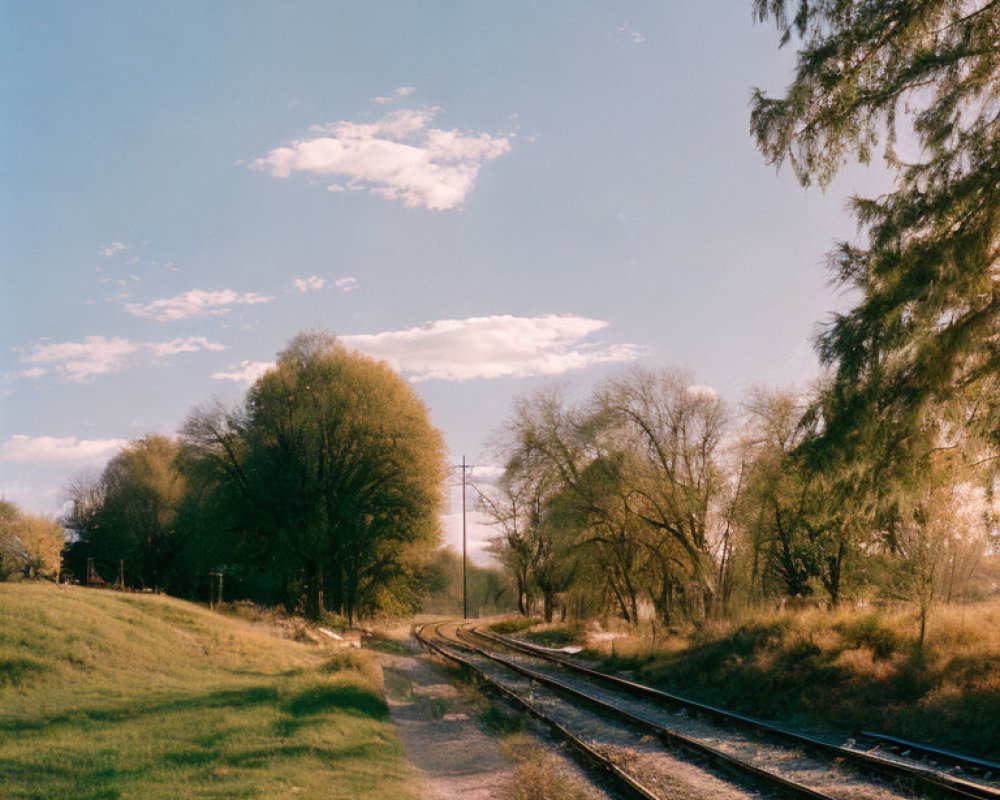 Tranquil countryside: Railroad tracks, lush trees, golden hour