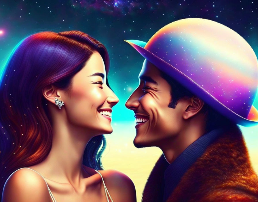 Smiling man and woman with galaxy-themed hat in cosmic scene