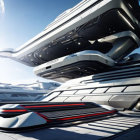 Sleek metallic futuristic vehicle design with red accents in urban setting