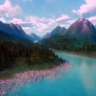 Serene river in valley with sharp peaks under pastel sky