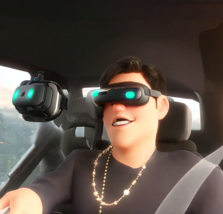 Smiling animated character in vehicle with visor and headset