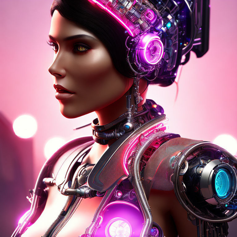 Detailed Female Cyborg with Glowing Elements on Pink Background