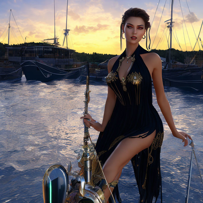 Elegant woman in black dress on yacht at sunset