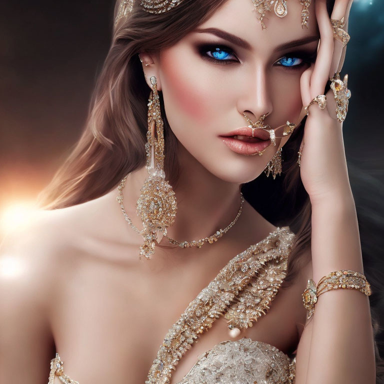 Woman with Striking Blue Eyes Wearing Ornate Gold Jewelry