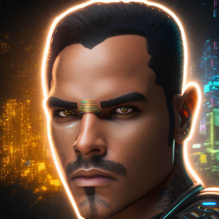 Futuristic male character with glowing outline and cyborg eye-piece in neon-lit cityscape