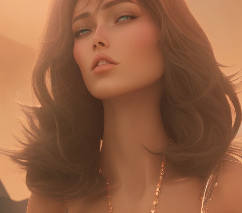 Digital artwork: Woman with flowing brown hair and soft facial features on warm, hazy background