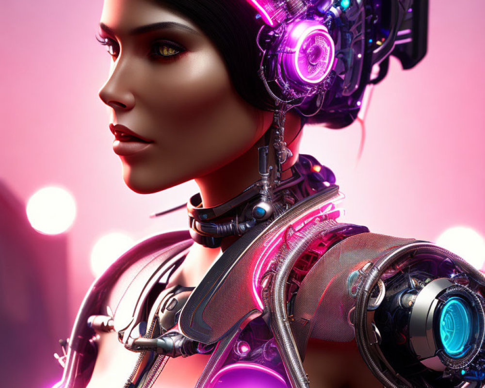 Detailed Female Cyborg with Glowing Elements on Pink Background