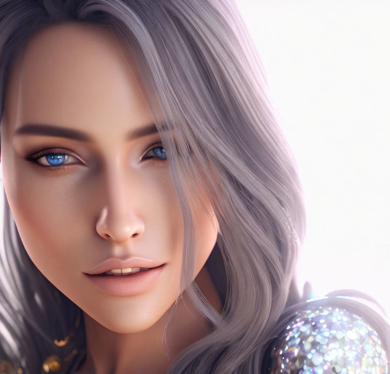 3D-rendered female with silver hair and blue eyes wearing glittery top