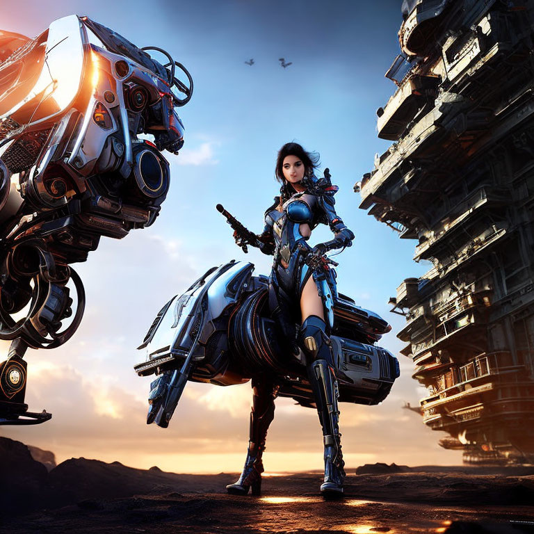 Female Warrior in Futuristic Armor with Mechanical Steed in Sci-Fi Cityscape