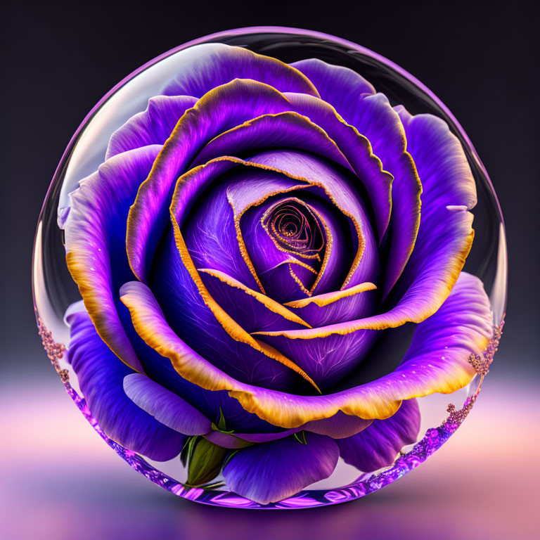 Purple and Yellow Rose in Transparent Bubble on Soft Purple Background