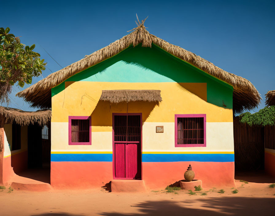 Vibrant rural house with thatched roof, red door, and pink windows