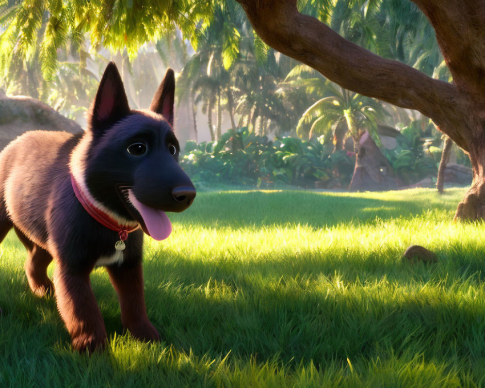 Animated Black and Tan Dog in Sunny Forest Setting