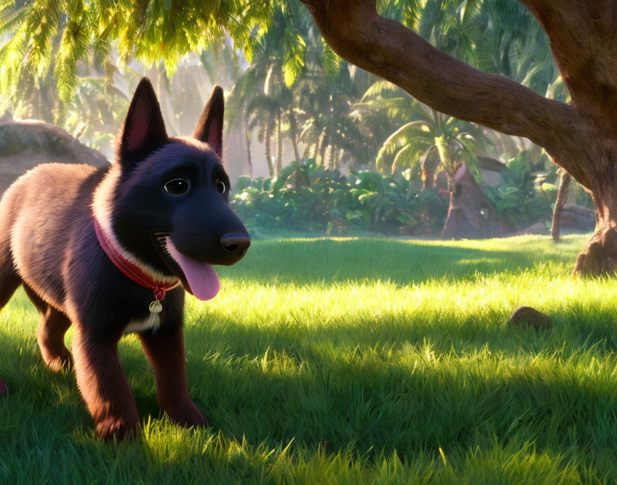 Animated Black and Tan Dog in Sunny Forest Setting