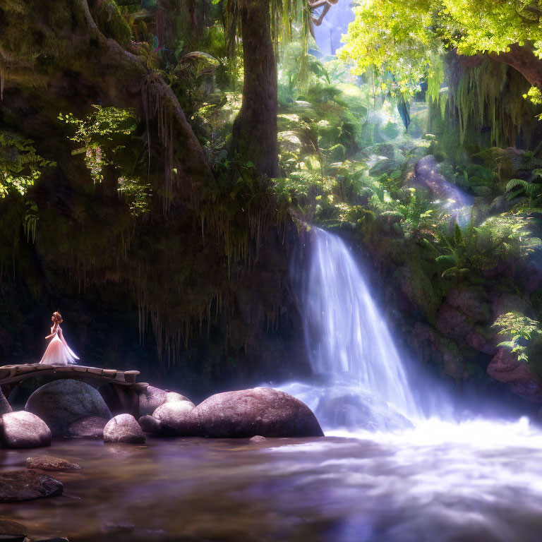 Tranquil waterfall scene with wooden bridge and person in dress surrounded by lush greenery