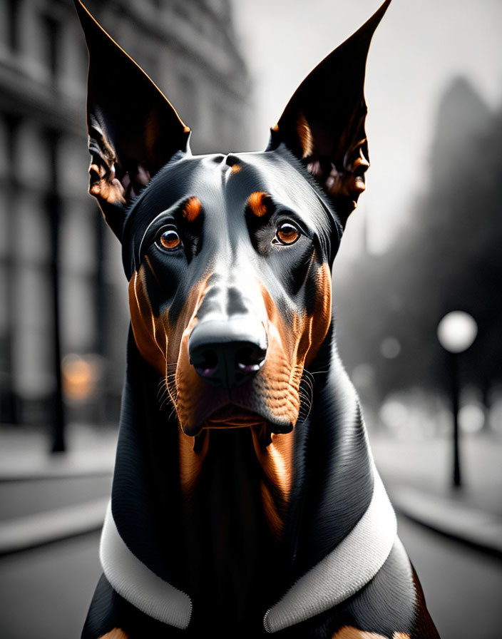 Alert Doberman Pinscher in urban setting with glossy black and tan coat.