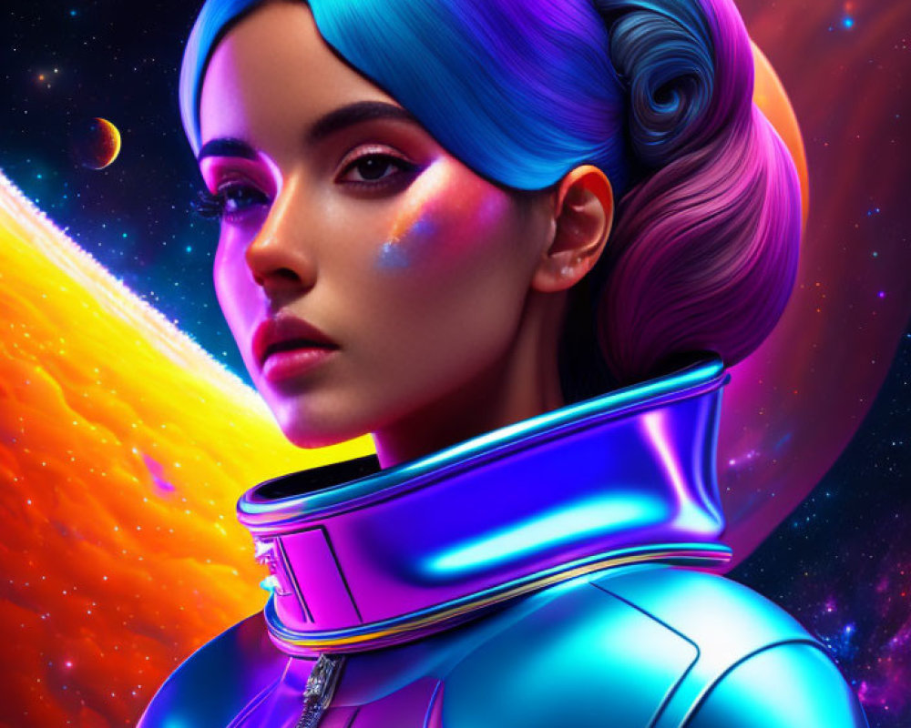 Futuristic woman with blue and purple hair in glossy spacesuit and cosmic backdrop