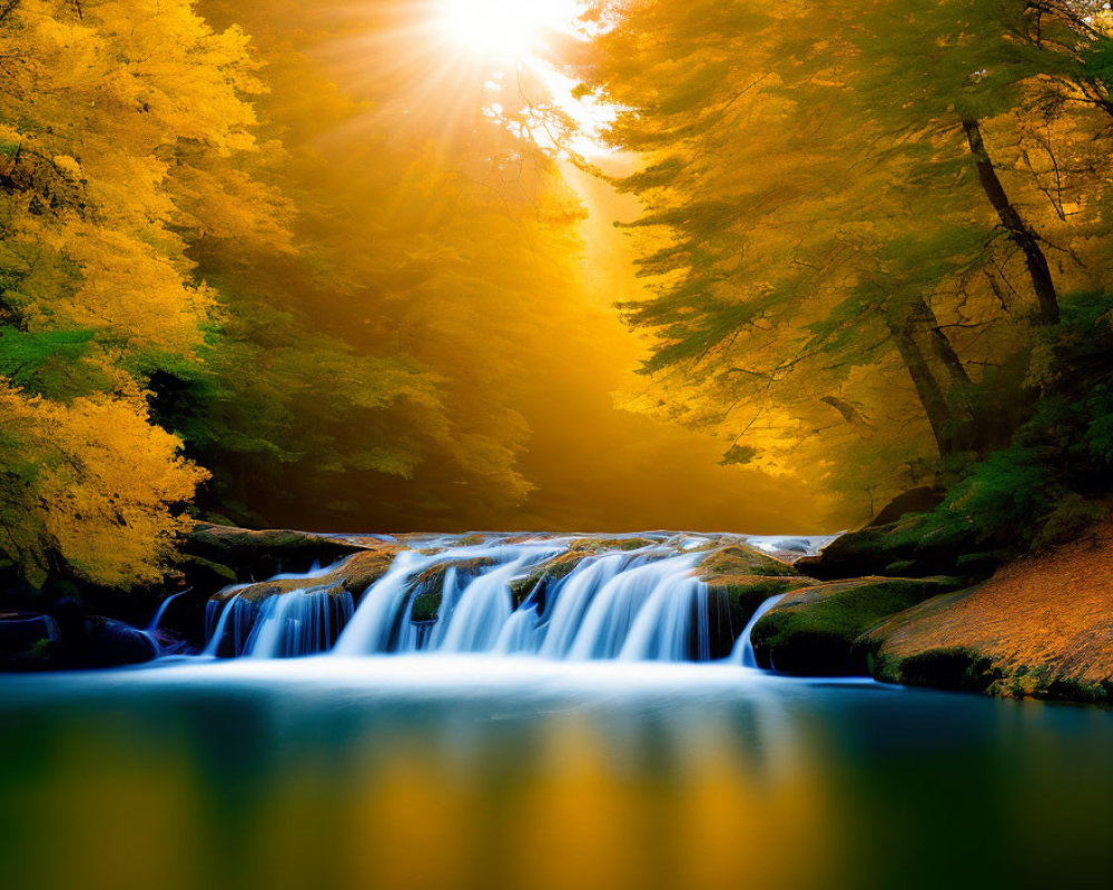 Autumn Trees Surround Serene Waterfall in Sunlit Forest