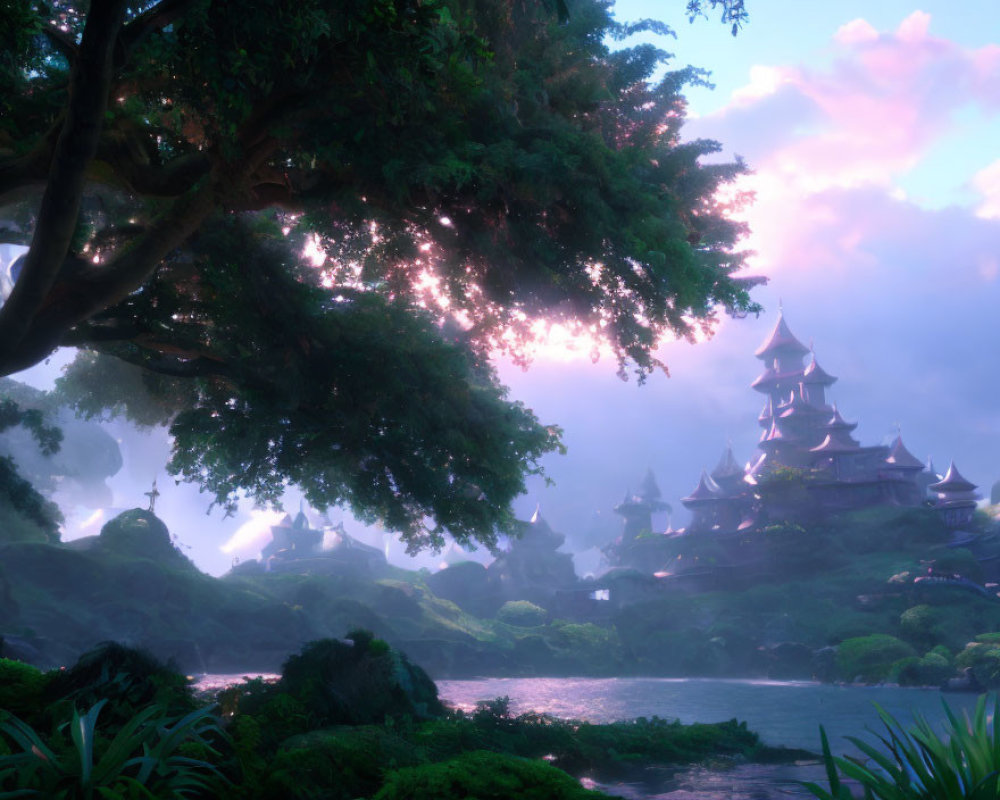 Ethereal fantasy landscape with ancient buildings and lush trees