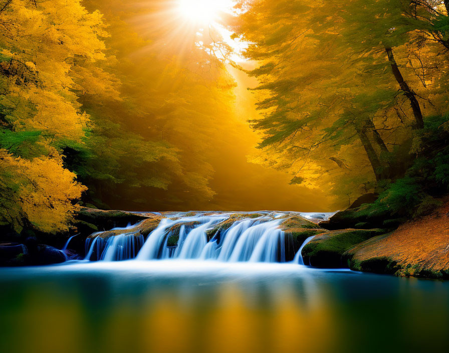 Autumn Trees Surround Serene Waterfall in Sunlit Forest