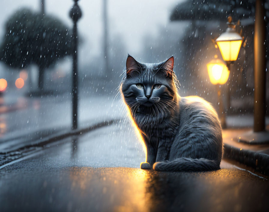 Grey Cat on Wet Street at Dusk with Illuminated Lamps and Rain