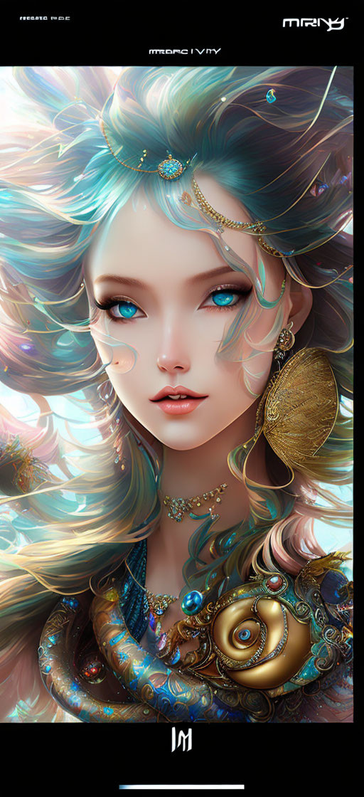 Vibrant multicolored hair and golden jewelry on fantastical woman