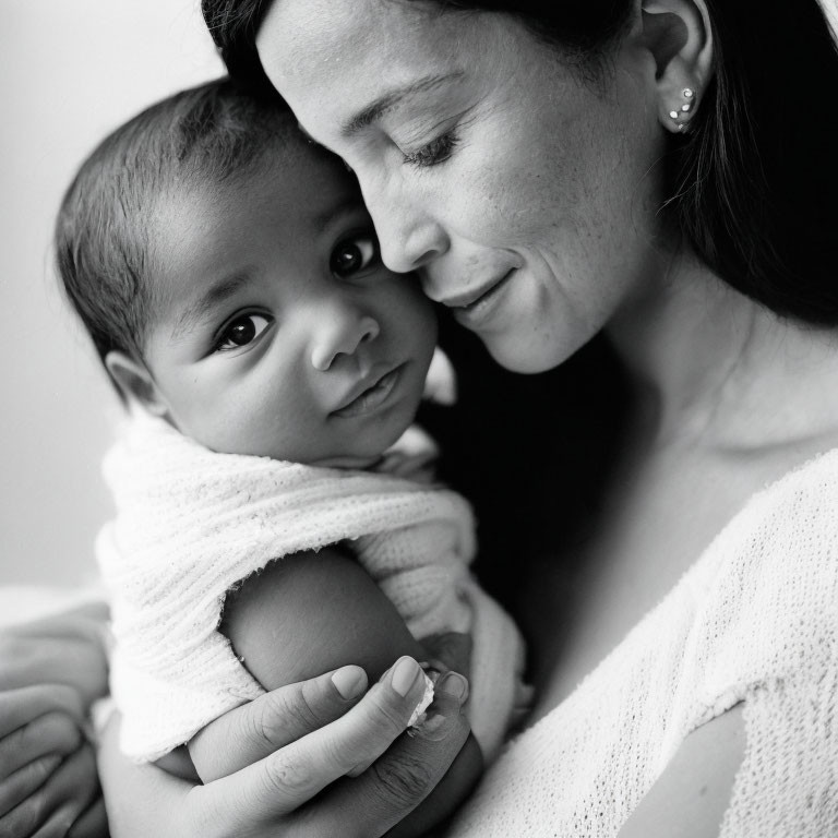 Monochrome photo of serene mother and baby cuddling