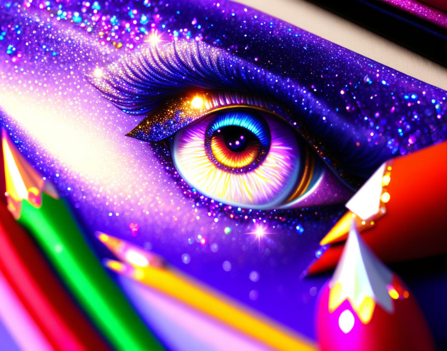 Colorful Digital Eye Illustration with Blue Eyeshadow & Stars