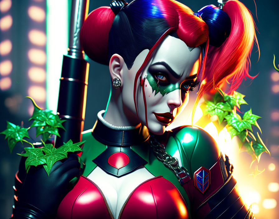 Stylized 3D illustration of female character with dual-toned pigtails and jester