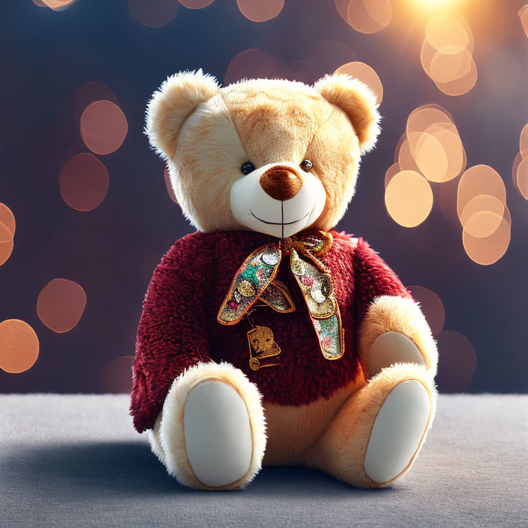 Festive Teddy Bear with Bow Tie on Bokeh Light Background