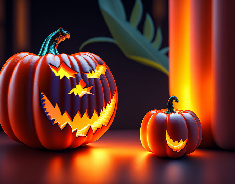 Spooky Jack-o'-lantern and smaller pumpkin on dark background