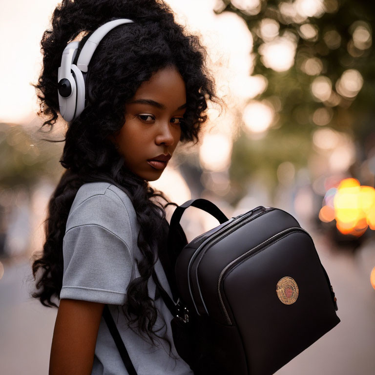 Woman with Headphones and Backpack in City Street Twilight Scene