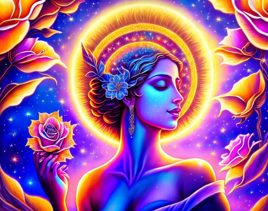 Illustration of woman with glowing halo among luminous flowers and stars