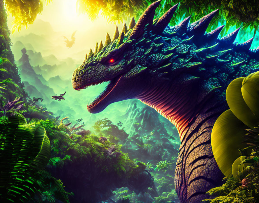 Digital Artwork: Massive Dragon in Prehistoric Jungle with Flying Creature