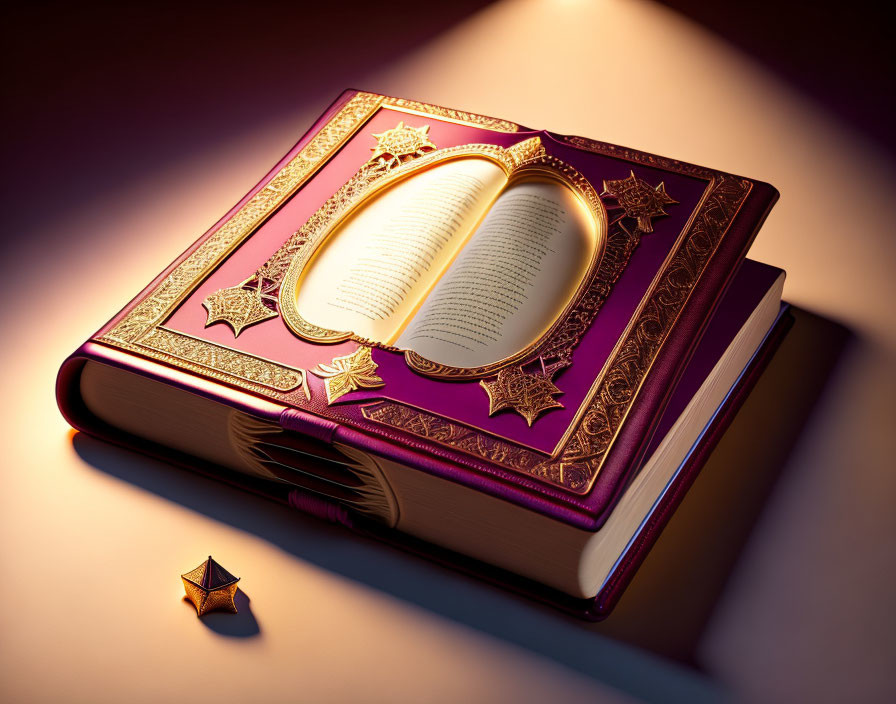 Purple ornate book with gilded edges, open to text, under warm golden light