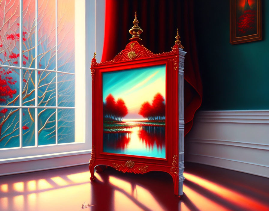 Sunrise over water painting in red frame in sunlit room