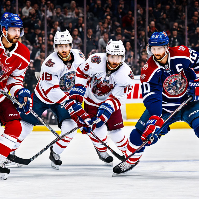 Professional ice hockey players battle for puck control on the rink in a competitive game