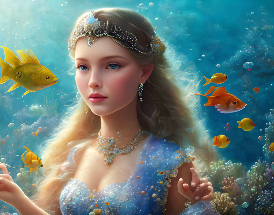 Ethereal woman with tiara and jewelry surrounded by vibrant tropical fish in underwater scene